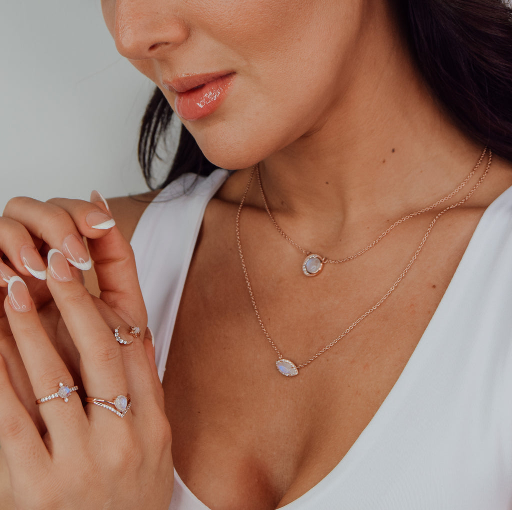 Our Moonstone Collection has the healing powers to keep you calm and collected. Keep this healing crystal near you at all times weather it be a ring, necklace or both. 