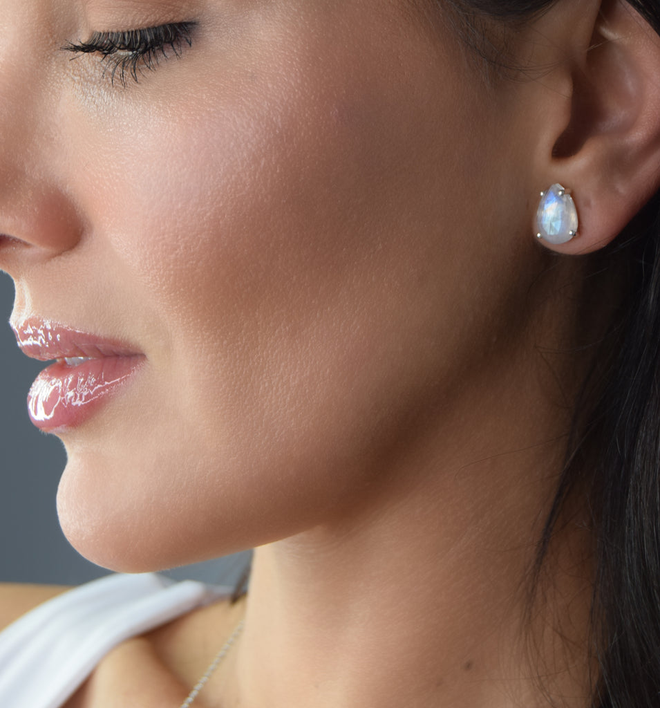 Classic moonstone gem stud earrings.  Cast in sterling silver.