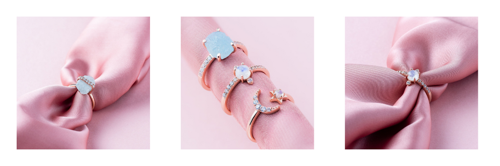 Fashionable Moonstone rings, stack them or where them on there own. Mix and match with rose gold and silver to complement your wellness journey.